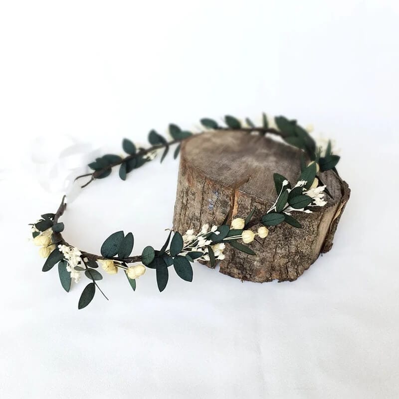 Couronne de Tête en Fleurs Séchées Gypsophile Eucalyptus Maison Gaya Couronne de tête